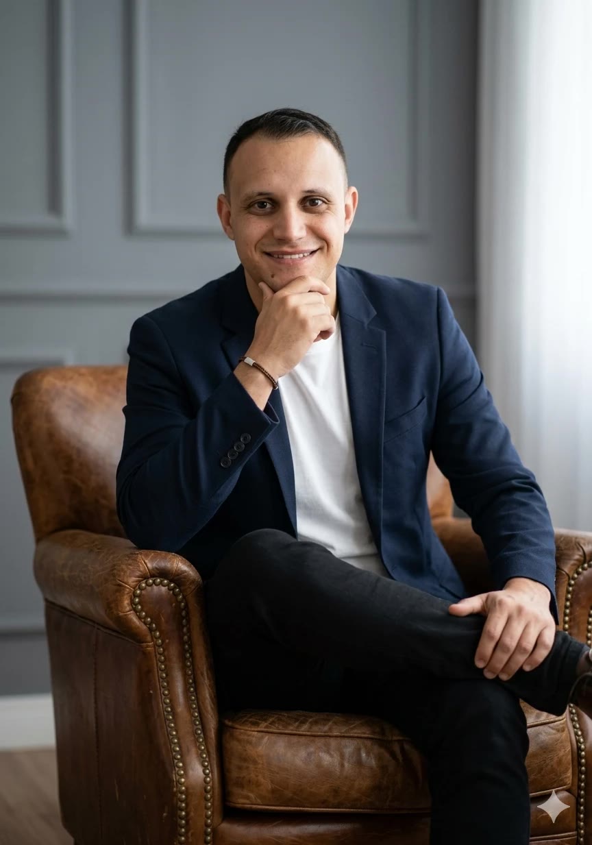 Thalles Mota, fundador da TRILIMPO, sentado em uma poltrona e sorrindo